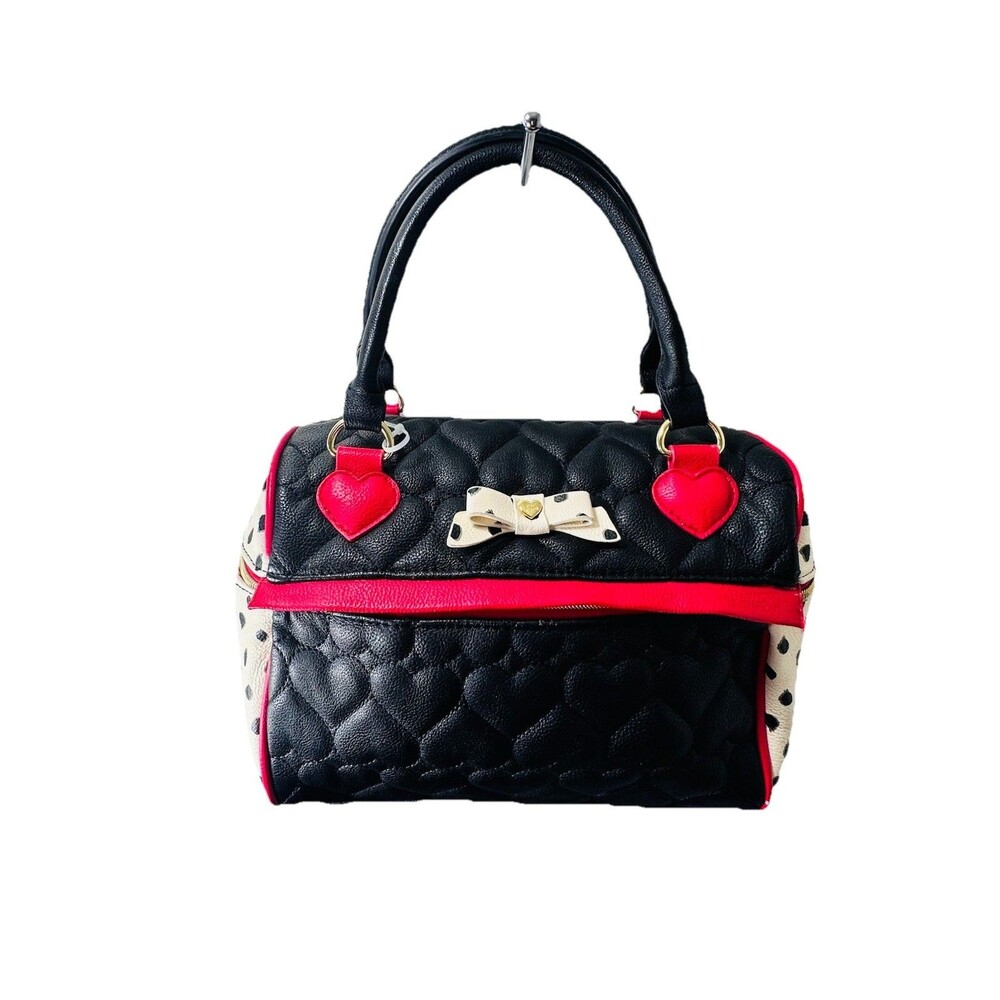 Betsey Johnson Red Polka Dot Quilted Hearts Insulated Domed Lunch Tote Bag